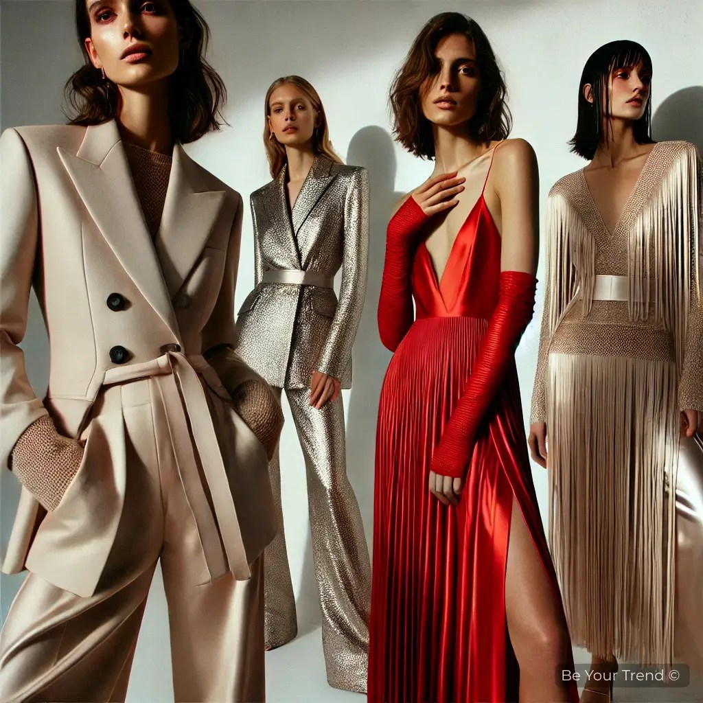 Quatre femmes portant des tenues représentant les principales tendances mode 2025 : ensemble minimaliste, costume métallisé, robe rouge et robe à franges
