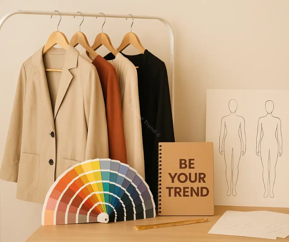 Illustration d’un espace de travail en conseil en image avec vêtements sur portant, cercle chromatique, carnet Be Your Trend et silhouettes de morphologie