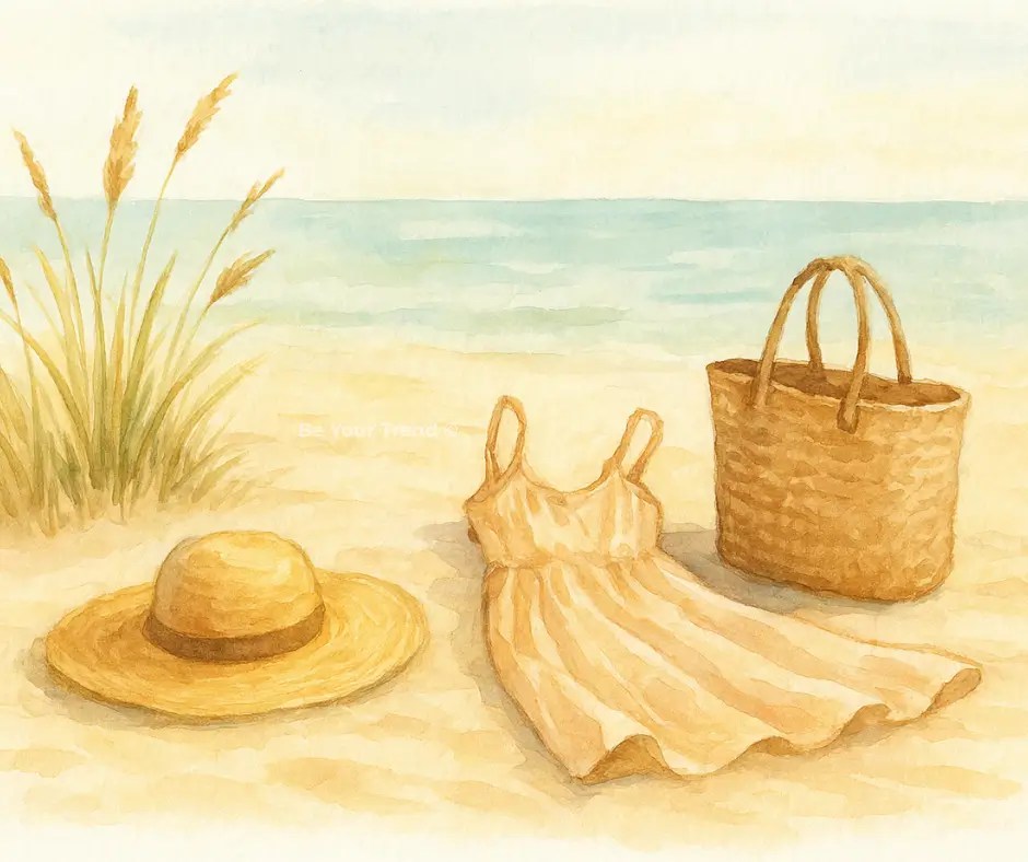 Illustration d’été avec une robe légère, un chapeau et un sac en paille face à la mer, symbolisant un style estival naturel et authentique
