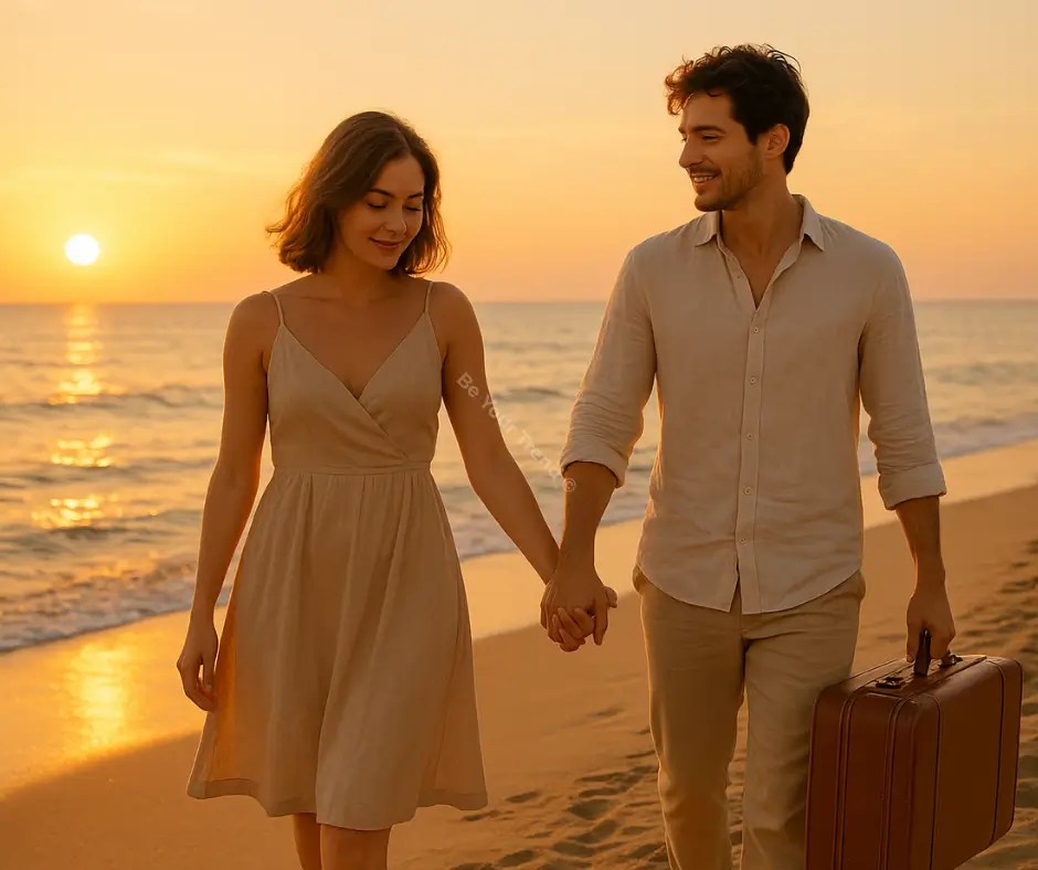 Couple marchant main dans la main sur la plage au coucher de soleil