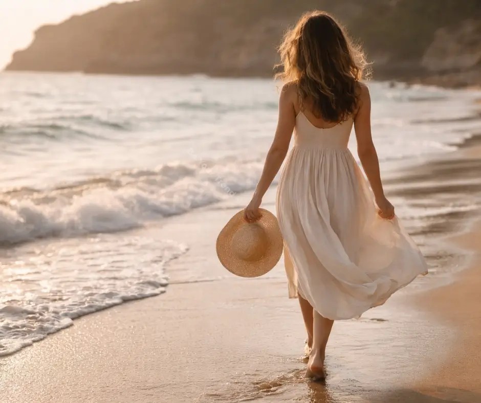 Femme marchant pieds nus sur la plage au coucher du soleil, incarnant la légèreté, le lâcher-prise et l’alignement avec soi en été