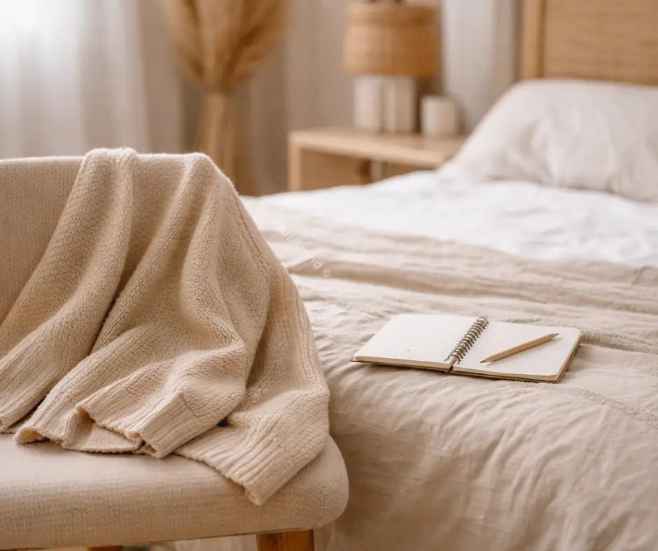 Carnet ouvert et vêtement posé dans une chambre calme, évoquant une réflexion sur un changement d’image