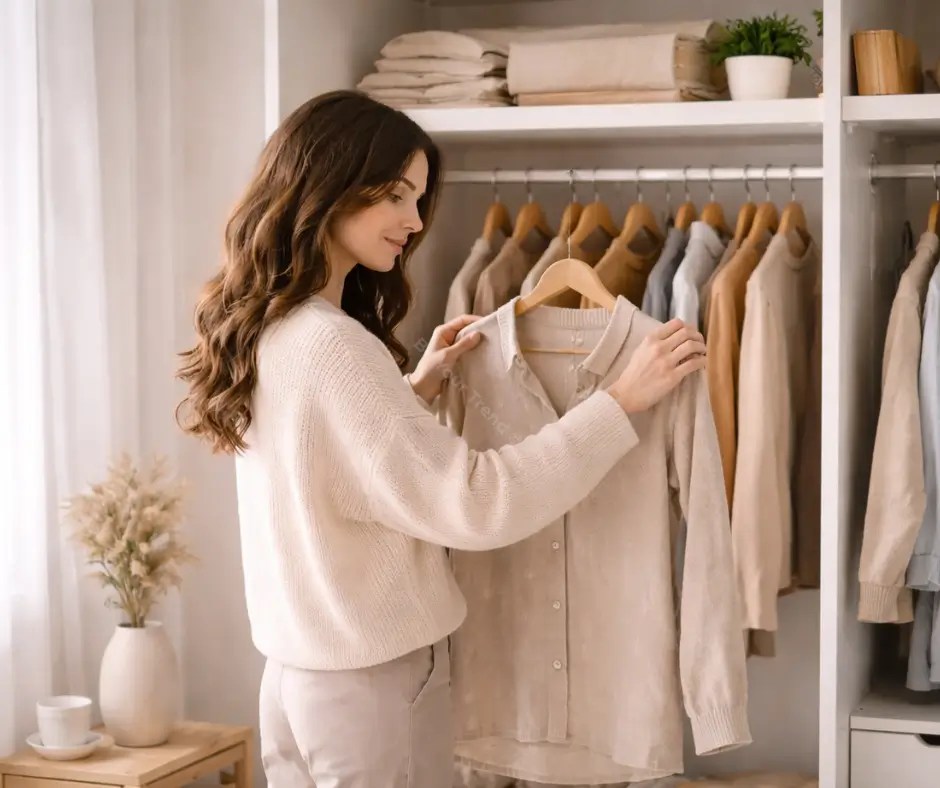Femme devant son dressing tenant un vêtement, réfléchissant à son image et à un renouveau