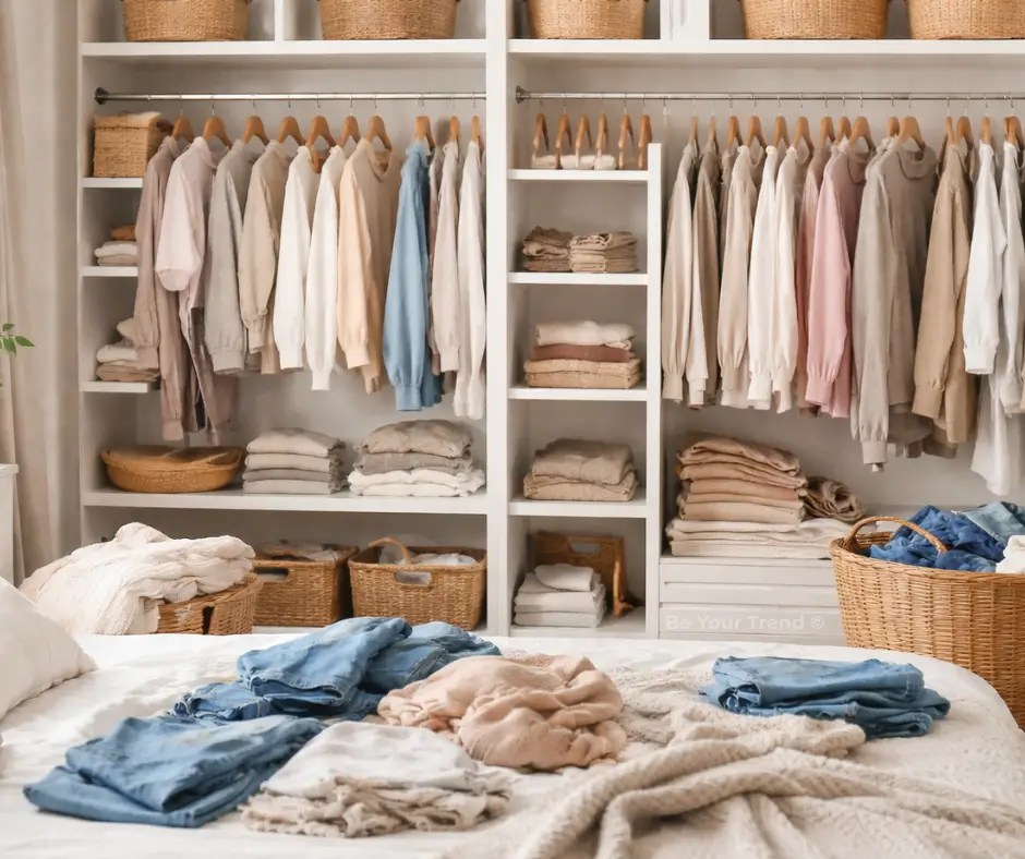 Dressing ouvert avec vêtements déposés sur un lit, des panières remplies, illustrant un tri de dressing en cours